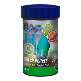 A tub of Black Pellets, which are a complete dried food for herbivorous fish, the pellet size is 1.5 mm so suitable for even quite small aquarium fish