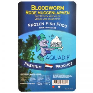 Photo of front of a blister pack of frozen bloodworms, a food suitable for almost any type of fish