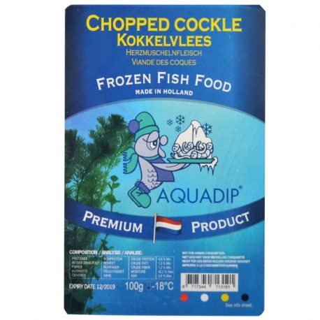 A photo showing the packaging of a chopped cockle rozen food suitable for almost any type of aquarium fish