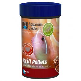 A tub of Krill Pellets, which are a complete dried food for omnivorous fish, the pellet size is 1.5 mm so suitable for even quite small aquarium fish